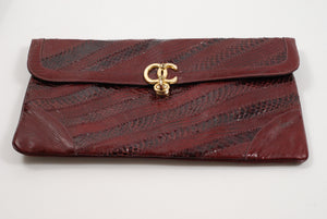 Oleg Cassini Clutch - Burgundy Leather Snakeskin Handbag / Clutch