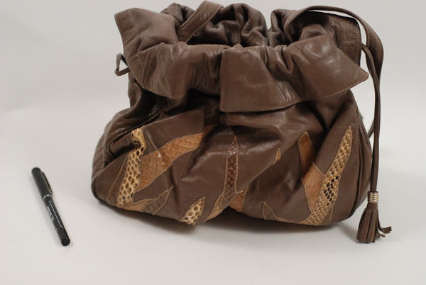 Taupe Leather Snakeskin Collage Design Handbag